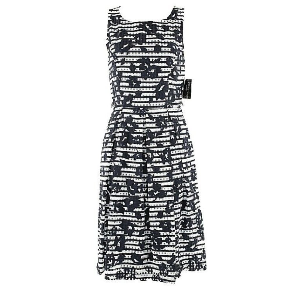 RN Studio 6 Navy White Floral Horizontal Pleated Lined Dress